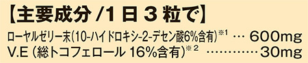 主要成分/1日3粒で ローヤルゼリー末(10-ハイドロキシ-2-デセン酸6%含有) 600mg V.E(総トコフェロール16%含有) 30mg