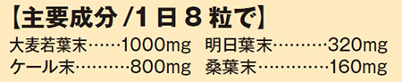 主要成分/1日8粒で 大麦若葉末 1000mg 明日葉末 320mg ケール末 800mg 桑葉末 160mg