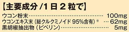 主要成分/1日2粒で ウコン粉末 100mg ウコンエキス末(総クルクミノイド95%含有) 62mg 黒胡椒抽出物(ピペリン) 5mg