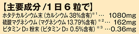 主要成分/1日6粒で ホタテカルシウム末(カルシウム38%含有) 1080mg 硫酸マグネシウム(マグネシウム13.79%含有) 162mg ビタミンD3粉末(ビタミンD3 0.5%含有) 0.36mg