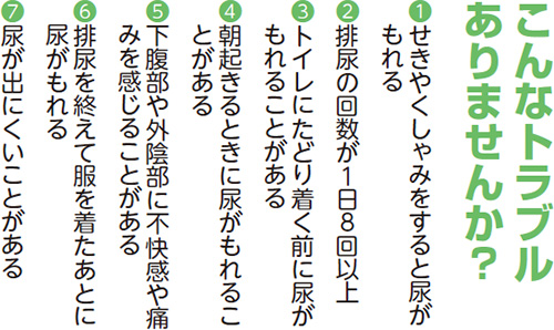 こんなトラブルありませんか? せきやくしゃみをすると尿がもれる 排尿の回数が1日8回以上 トイレにたどり着く前に尿がもれることがある 朝起きるときに尿がもれることがある 下腹部や外陰部に不快感や痛みを感じることがある 排尿を終えて服を着たあとに尿がもれる 尿が出にくいことがある