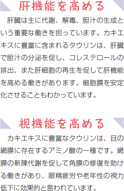 肝機能を高める 肝臓は主に代謝、解毒、胆汁の生成という重要な働きを担っています。カキエキスに豊富に含まれるタウリンは、肝臓で胆汁の分泌を促し、コレステロールの排出、また肝細胞の再生を促して肝機能を高める働きがあります。細胞膜を安定化させることもわかっています。 視機能を高める カキエキスに豊富なタウリンは、目の網膜に存在するアミノ酸の一種です。網膜の新陳代謝を促して角膜の修復を助ける働きがあり、眼精疲労や老年性の視力低下に効果的と言われています。
