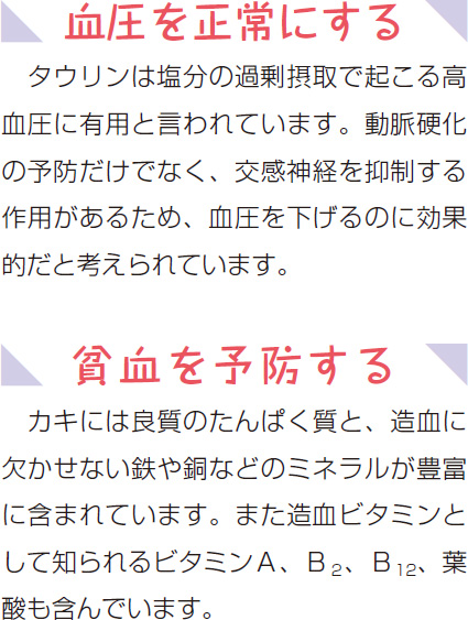 血圧を正常にする タウリンは塩分の過剰摂取で起こる高血圧に有用と言われています。動脈硬化の予防だけでなく、交感神経を抑制する作用があるため、血圧を下げるのに効果的だと考えられています。 貧血を予防する カキには良質のたんぱく質と、造血に欠かせない鉄や銅などのミネラルが豊富に含まれています。また造血ビタミンとして知られるビタミンA、B2、B12、葉酸も含んでいます。