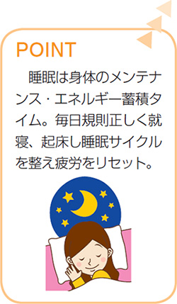 睡眠は身体のメンテナンス・エネルギー蓄積タイム。毎日規則正しく就寝、起床し睡眠サイクルを整え疲労をリセット。