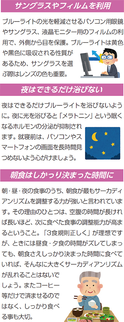 サングラスやフィルムを利用 ブルーライトの光を軽減させるパソコン用眼鏡やサングラス、液晶モニター用のフィルムの利用で、外側から目を保護。ブルーライトは黄色や黒色に吸収される性質があるため、サングラスを選ぶ際はレンズの色も重要。 夜はできるだけ浴びない 夜はできるだけブルーライトを浴びないように。夜に光を浴びると「メラトニン」という眠くなるホルモンの分泌が抑制されます。就寝前は、パソコンやスマートフォンの画面を長時間見つめないよう心がけましょう。 朝食はしっかり決まった時間に 朝・昼・夜の食事のうち、朝食が最もサーカディアンリズムを調整する力が強いと言われています。その理由のひとつは、空腹の時間が長ければ長いほど、次に食べた食事の調整能力が高まるということ。「3食規則正しく」が理想ですが、ときには昼食・夕食の時間がズレてしまっても、朝食さえしっかり決まった時間に食べていれば、そんなに大きくサーカディアンリズムが乱れることはないでしょう。またコーヒー等だけで済ませるのではなく、しっかり食べる事も大切。