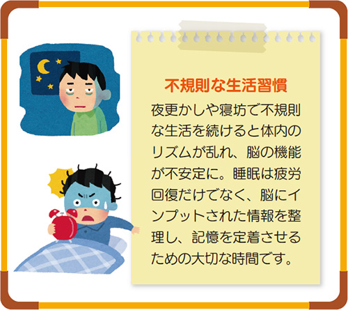 不規則な生活習慣 夜更かしや寝坊で不規則な生活を続けると体内のリズムが乱れ、脳の機能が不安定に。睡眠は疲労回復だけでなく、脳にインプットされた情報を整理し、記憶を定着させるための大切な時間です。
