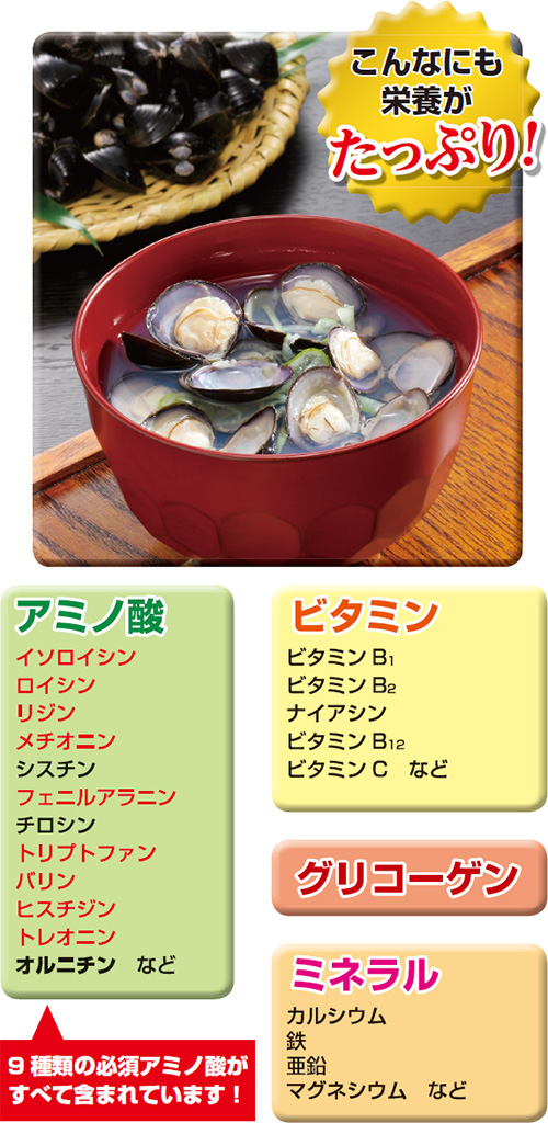 こんなにも栄養がたっぷり!アミノ酸 9種類の必須アミノ酸がすべて含まれています! イソロイシン ロイシン リジン メチオニン シスチン フェニルアラニン チロリン トリプトファン バリン ヒスチジン トレオニン オルチニン ビタミン ナイアシン グリコーゲン ミネラル カルシウム 鉄 亜鉛 マグネシウム