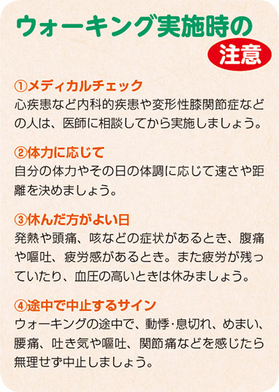 ウォーキング実施時の注意 メディカルチェック 心疾患など内科的疾患や変形性膝関節症などの人は、医師に相談してから実施しましょう。 体力に応じて 自分の体力やその日の体調に応じて速さや距離を決めましょう。 休んだ方がよい日 発熱や頭痛、咳などの症状があるとき、腹痛や嘔吐、疲労感があるとき。また疲労が残っていたり、血圧の高いときは休みましょう。 途中で中止するサイン ウォーキングの途中で、動悸・息切れ、めまい、腰痛、吐き気や嘔吐、関節痛などを感じたら無理せず中止しましょう。
