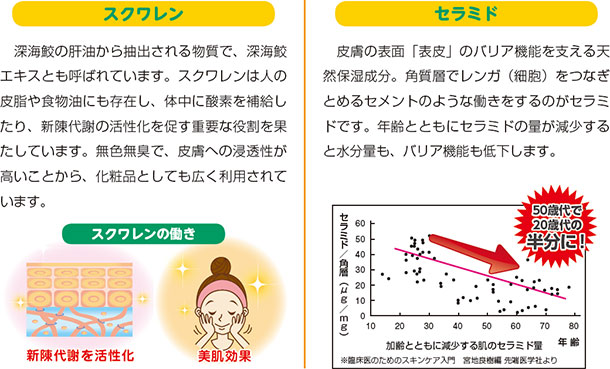 スクワレン 深海鮫の肝油から抽出される物質で、深海鮫エキスとも呼ばれています。スクワレンは人の皮脂や食物油にも存在し、体中に酸素を補給したり、新陳代謝の活性化を促す重要な役割を果たしています。無色無臭で、皮膚への浸透性が高いことから、化粧品としても広く利用されています。セラミド 皮膚の表面「表皮」のバリア機能を支える天然保湿成分。角質層でレンガ(細胞)をつなぎとめるセメントのような働きをするのがセラミドです。年齢とともにセラミドの量が減少すると水分量も、バリア機能も低下します。