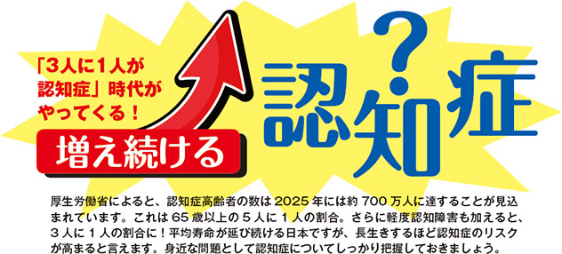 「3人に1人が認知症」時代がやってくる！増え続ける認知症 厚生労働省によると、認知症高齢者の数は2025年には約700万人に達することが見込まれています。これは65歳以上の5人に1人の割合。さらに軽度認知障害も加えると、3人に1人の割合に！平均寿命が延び続ける日本ですが、長生きするほど認知症のリスクが高まると言えます。身近な問題として認知症についてしっかり把握しておきましょう。