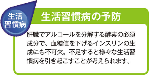 生活習慣病の予防 肝臓でアルコールを分解する酵素の必須成分で、血糖値を下げるインスリンの生成にも不可欠。不足すると様々な生活習慣病を引き起こすことが考えられます。